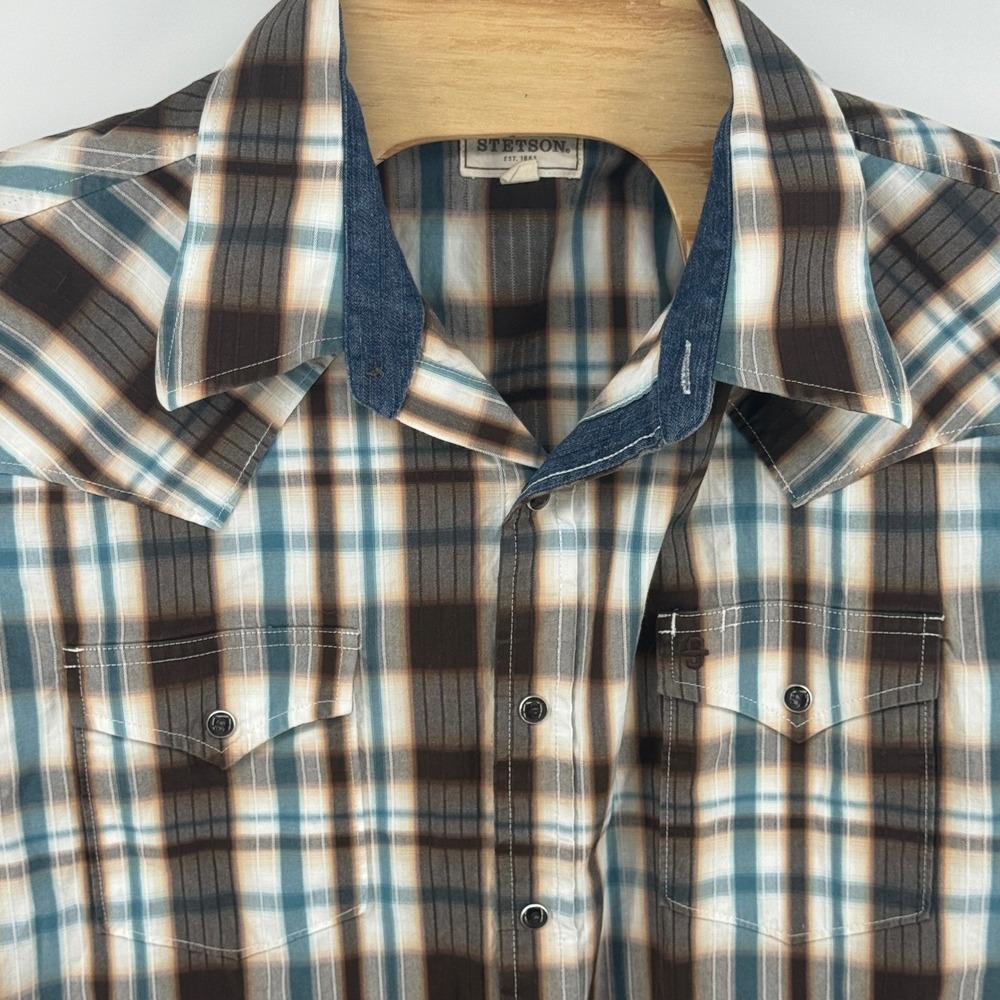 Stetson Mens XL Pearl Snap Western Shirt Brown Blue Plaid Cotton Long Sleeve